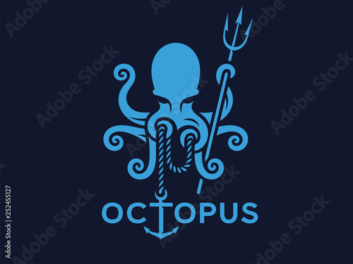 Vector logo of an octopus. Emblem template on dark background.