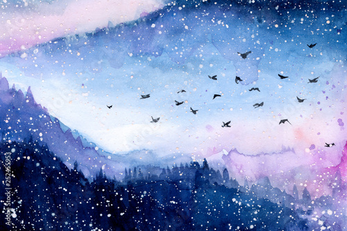 forest in the fog. the hills. the birds are flying. blue sky. watercolor. snow. winter