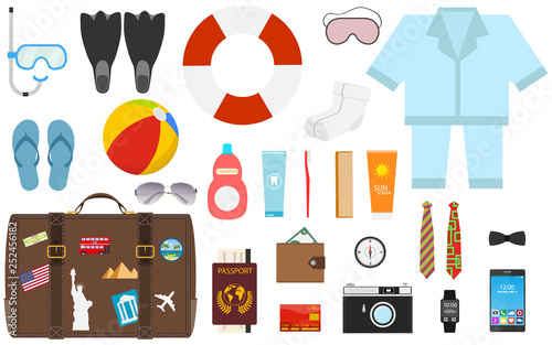 Travel accessories prepared for the trip on white background. Preparing for the trip, Travel accessorieson