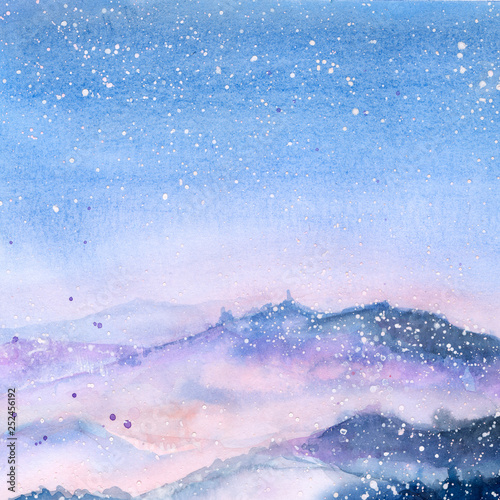 forest in the fog. the hills. the birds are flying. blue sky. watercolor. snow. winter