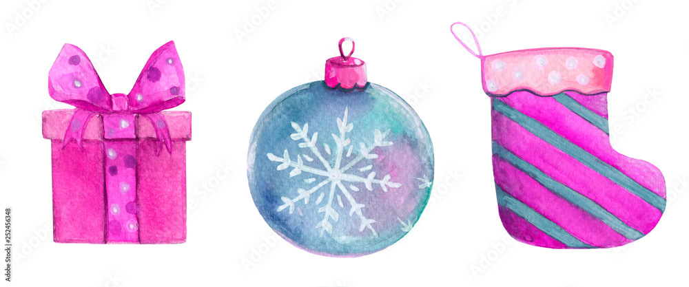 New Year's set. sock. ball on the Christmas tree. snowflake. Christmas. Merry Christmas. gift and bow watercolor illustration New Year's set. sock. ball on the Christmas tree. snowflake. Christmas. Merry Christmas. gift and bow watercolor illustration