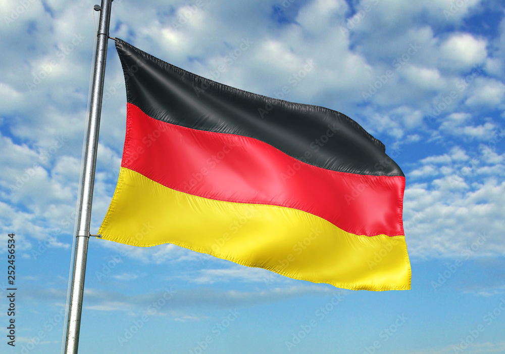 Germany flag waving sky background 3D illustration Germany flag waving sky background 3D illustration