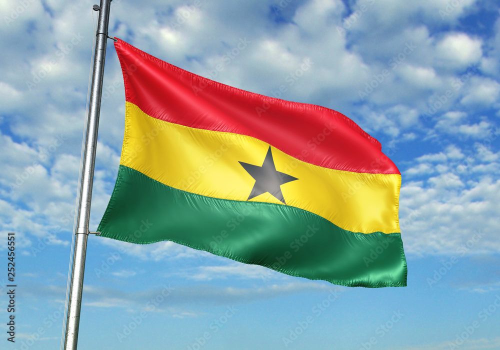 Ghana flag waving sky background 3D illustration Ghana flag waving sky background 3D illustration