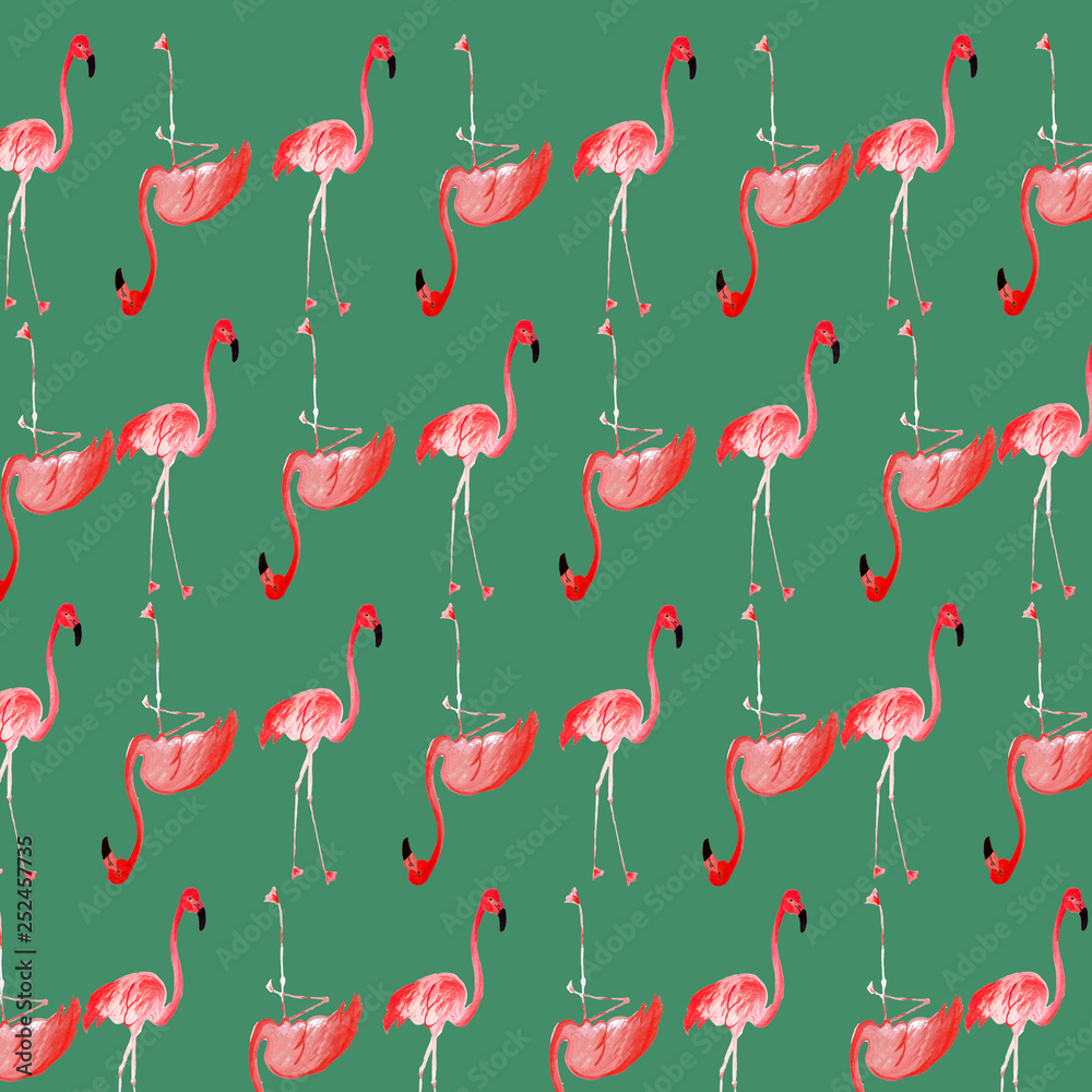 Fototapeta premium Tropical pattern with pink flamingos background. Exotic Hawaii art background. Design for fabric, wallpaper, textile and decor.