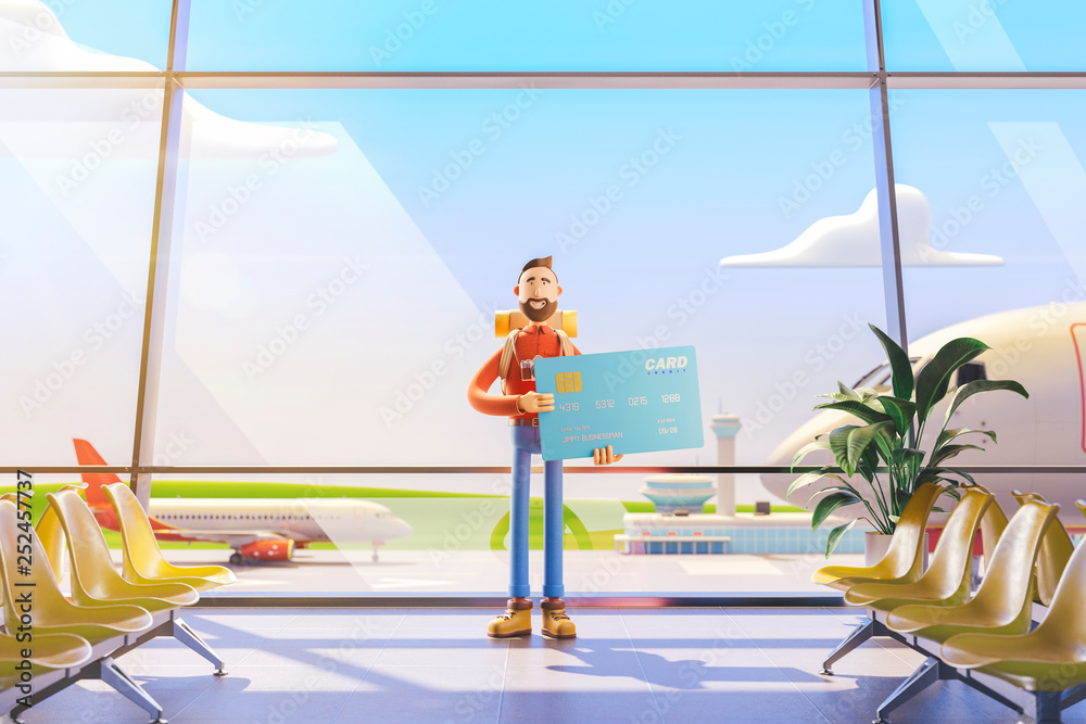 Cartoon character holds a big credit card in airport. 3d illustration. Concept of travel over the air miles
