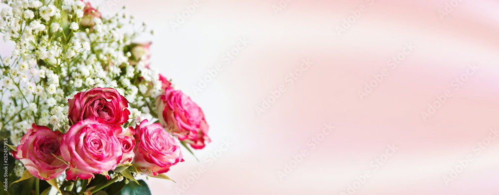 delicate bouquet of roses banner with copy space