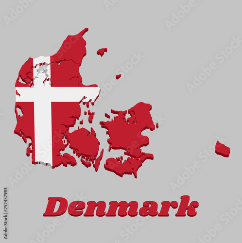 3D Map outline and flag of Denmark, it is red with a white Scandinavian cross that extends to the edges of the flag. photo