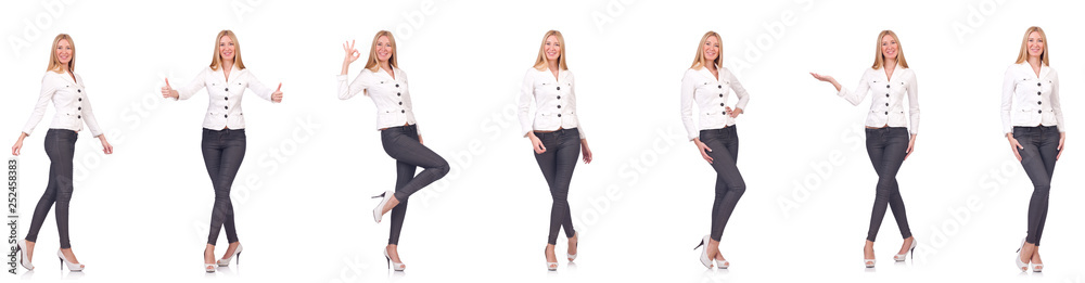 Beautiful woman in trousers isolated on white Beautiful woman in trousers isolated on white