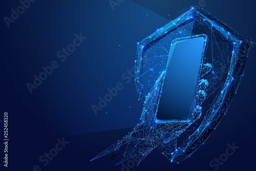 phone in hand and shield low-poly blue