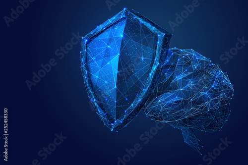 SHIELD and brain low-poly blue