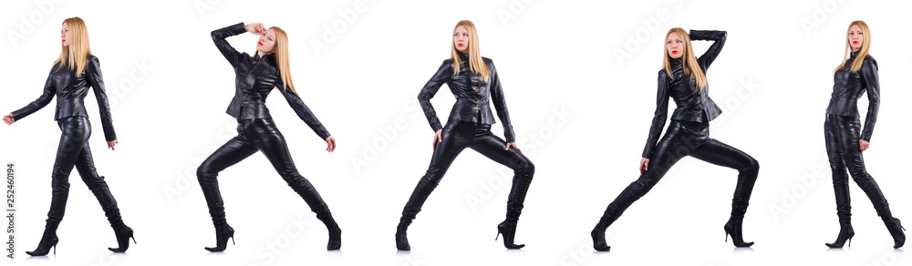 Dancing woman in black leather costume Dancing woman in black leather costume