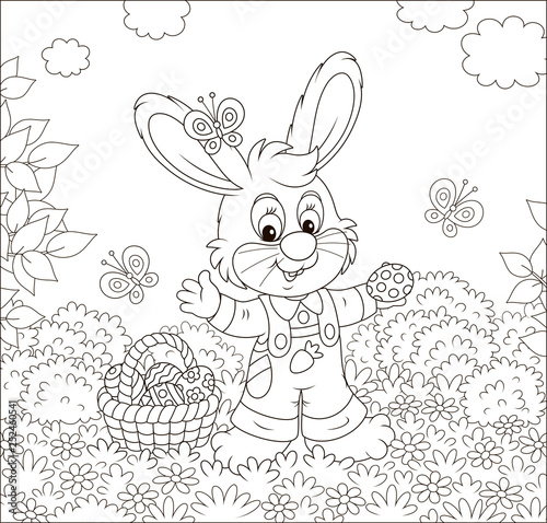 Friendly smiling Easter Bunny with a basket of painted eggs among flowers on sunny spring day  black and white vector illustration in a cartoon style for a coloring book