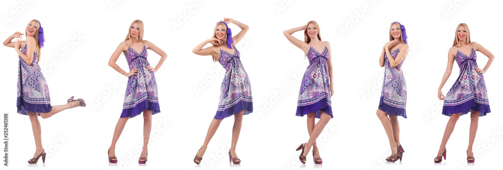 Beautiful woman in purple dress isolated on white