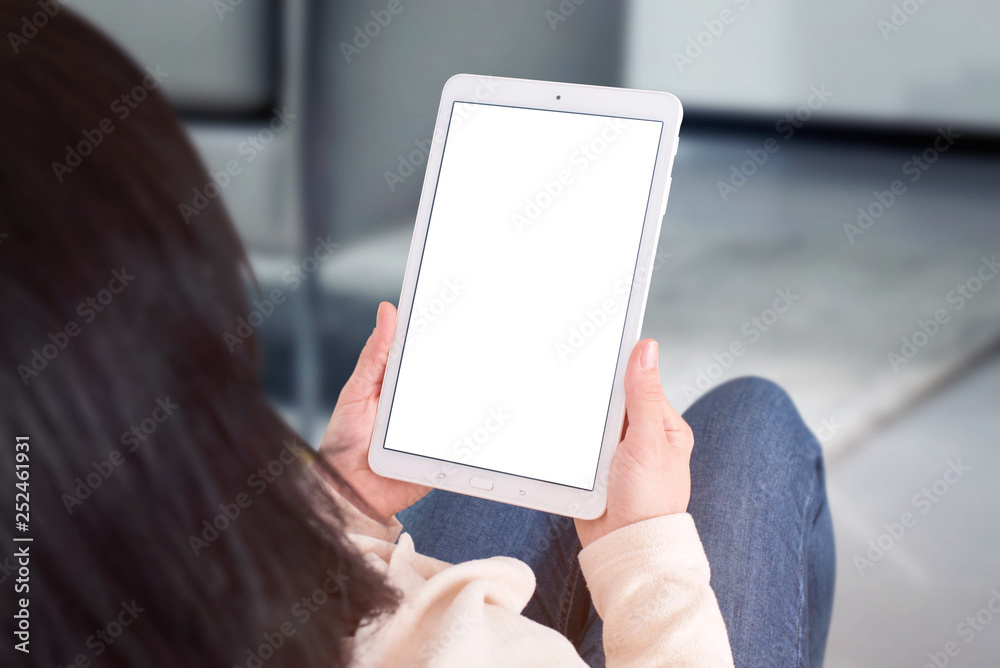 Woman use tablet with isolated, blank, white screen for add app or web site design. Business, office mockup concept.