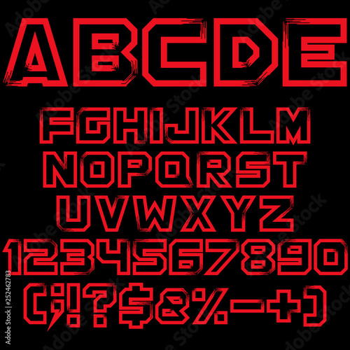 Red alphabet  numbers and signs. Isolated vector objects on black background.
