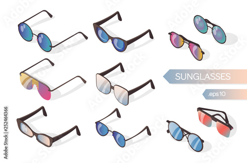 Set of colored sunglasses on a white background. Isometric flat illustration