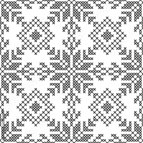 Cross stitch. Black and white seamless pattern. Embroidery, knitting. Abstract geometric background. Ethnic ornaments.