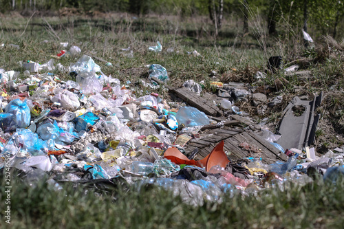 Wallpaper Mural Environmental pollution. Rubbish in the green grass on nature. Ruined landscape. Stock background, photo Torontodigital.ca