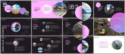 Minimal presentations design, portfolio vector templates with pink colorful circle elements on black background. Multipurpose template for presentation slide, flyer leaflet, brochure cover, report.