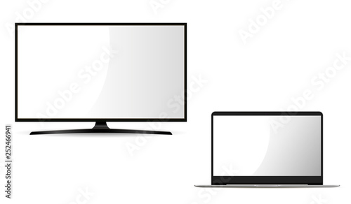 Monitor and Laptop Mockup Illustration. Flat Set of Portable Notebook Pc and Lcd Monitor. Layout for Web with Empty White Screen. Personal Digital Technology. Tv Plasma Panel on Stand.