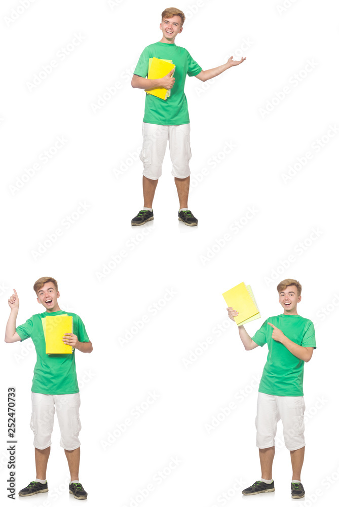 Fototapeta premium Young student with notes isolated on white 