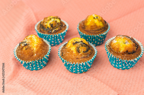 Homemade baked cakes with chocolate on colorful background. Food photo, dessert, sugar concept