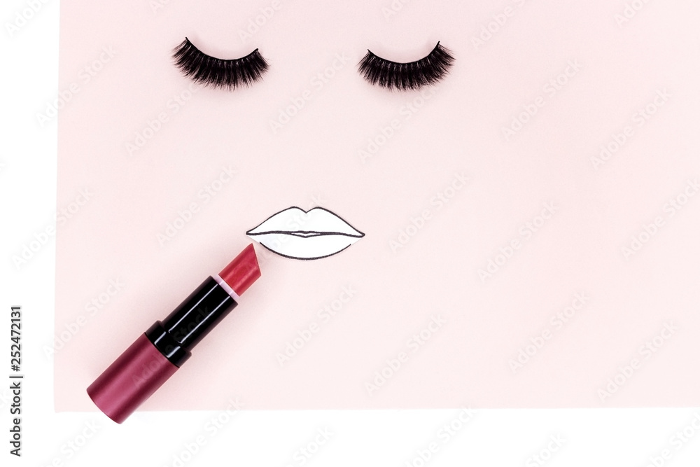 Obraz premium lipstick, tools, eyeliner, blush on, eye shadow and powder cosmetic in pink theme make up on frame for promotion