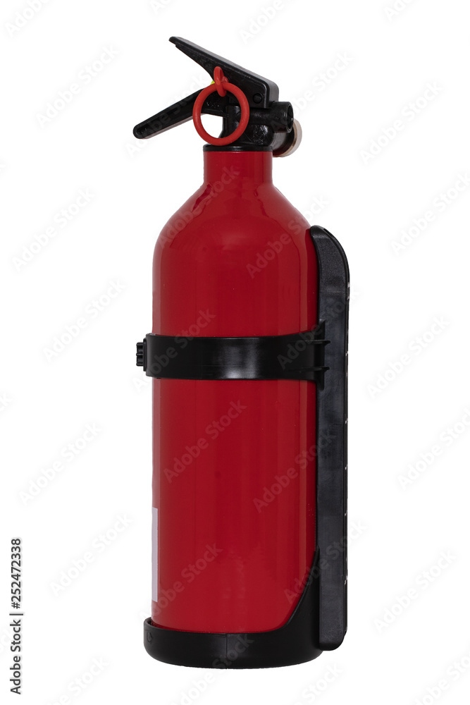 Fire extinguisher. Close-up of a small red fire extinguisher with wall mount isolated on a white background. Home savety. Macro Fire extinguisher. Close-up of a small red fire extinguisher with wall mount isolated on a white background. Home savety. Macro