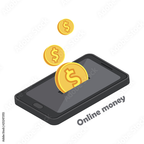 Flat isometric illustration of coins droping into slot at the mobile phone screen. The depositing money into an account, e-commerce, online business vector concept illustration isolated on white
