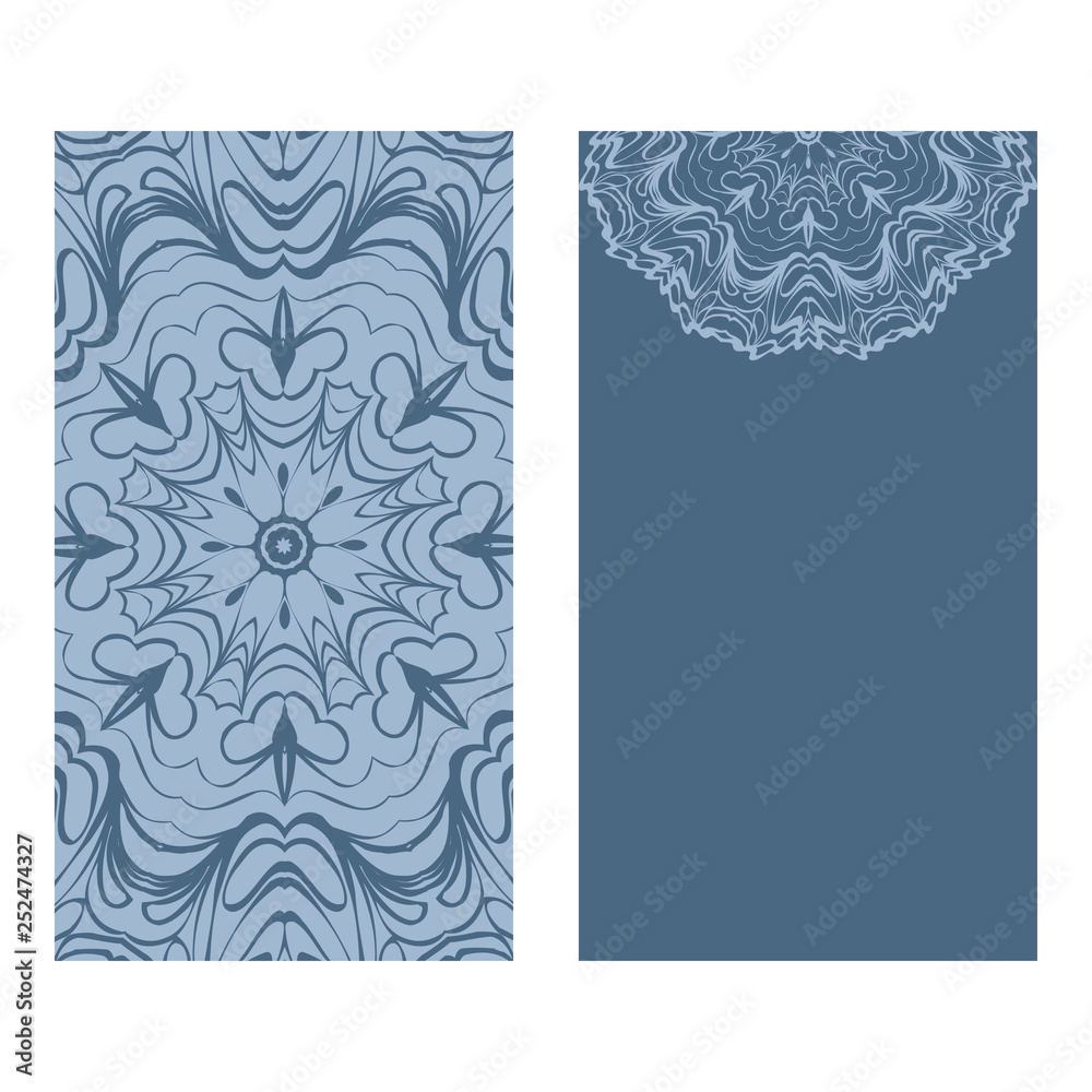 Yoga Card Template With Mandala Pattern. For Business Card, Fitness Center, Meditation Class. Vector Illustration. Patel blue color