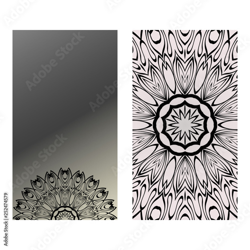 Yoga Card Template With Mandala Pattern. For Business Card, Fitness Center, Meditation Class. Vector Illustration. Black grey color