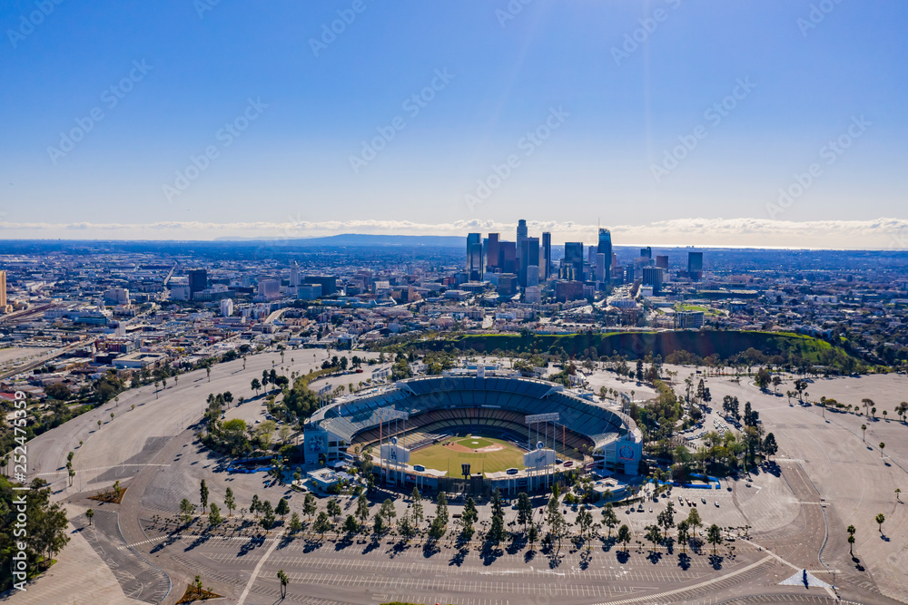Aerial view of the Los Angeles downtown area with Dodger Stadium