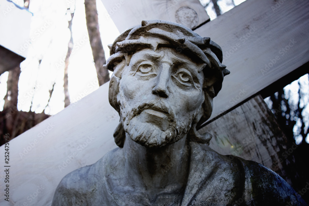 Obraz premium Face of Jesus Christ. Pain, suffering, cross road