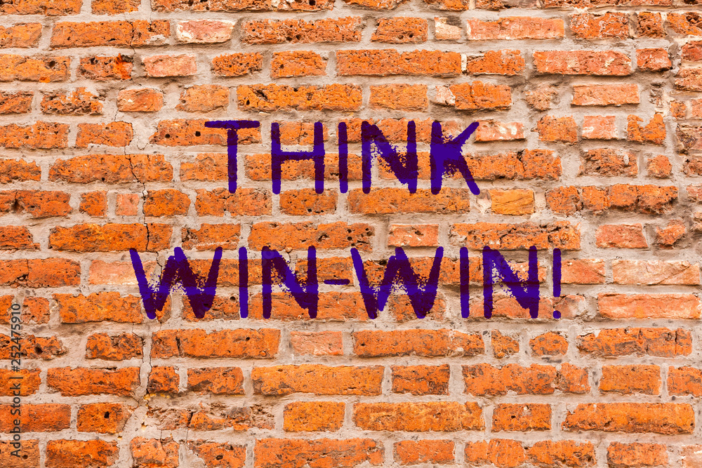 Obraz premium Conceptual hand writing showing Think Win Win. Business photo showcasing Negotiation strategy for both partners to obtain benefits Brick Wall art like Graffiti motivational written on wall