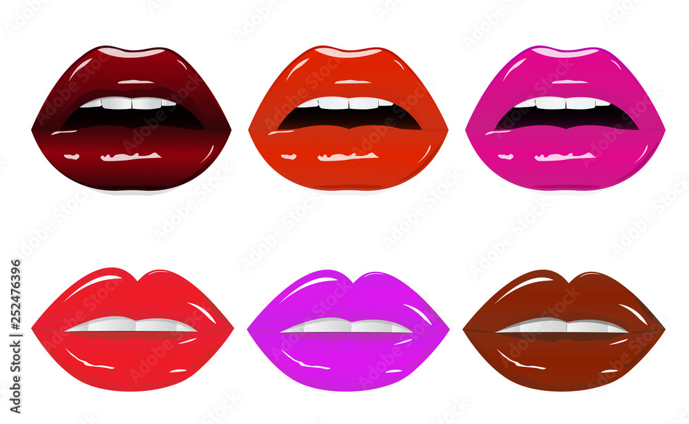 Fototapeta Bright glamorous glossy lips with different colors. Sweet sexy pop art. Shining wet lipstick, white teeth. Vector illustration set of sexy woman's lips with different lipstick tones
