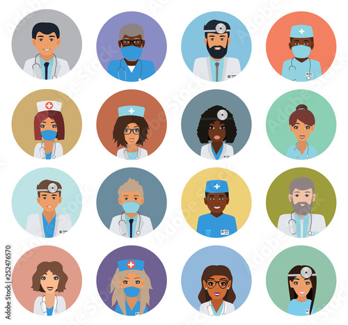 Male and female doctors team avatars. Doctors and Nurse team, hospital staff. User icons. Doctor avatar flat vector set isolated on white background