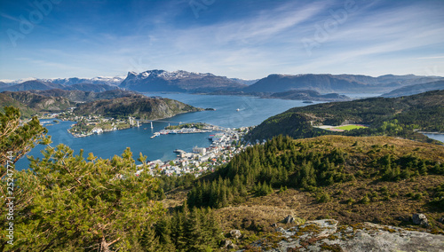 aerial landscape view on city of Måløy, port to stattlandet, the norwegian west cape, Norway