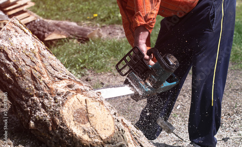 Lumberjack sawing tree chainsaw in the bright sun. A man with an electric saw cuts a log. construction and lumber. Stock background, photo.