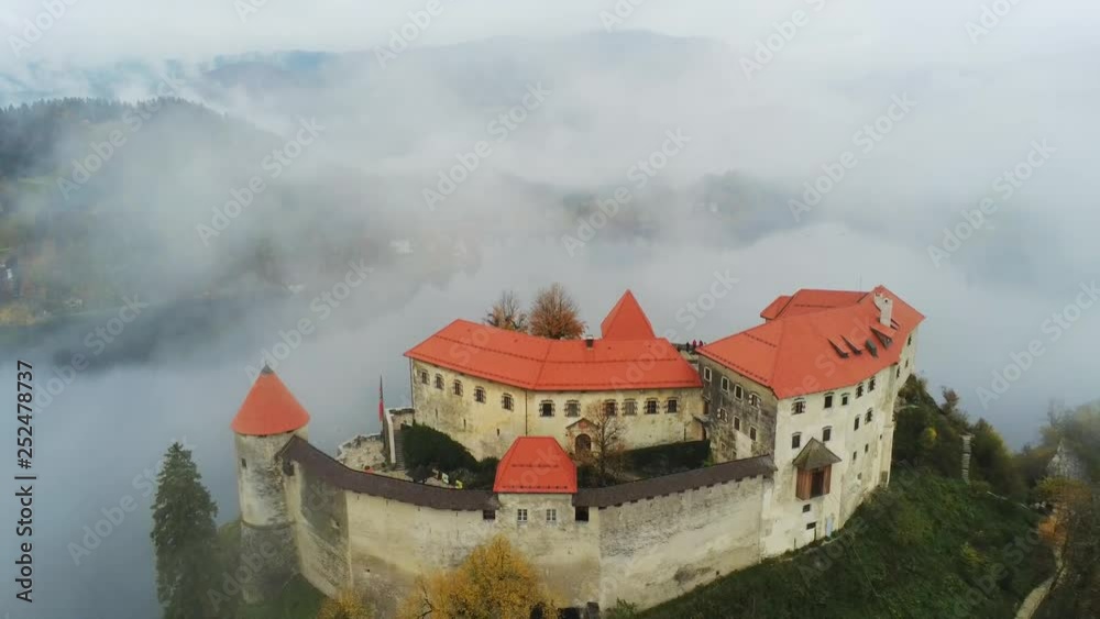 Beautiful aerial autumn landscape around Lake Bled with the caslte