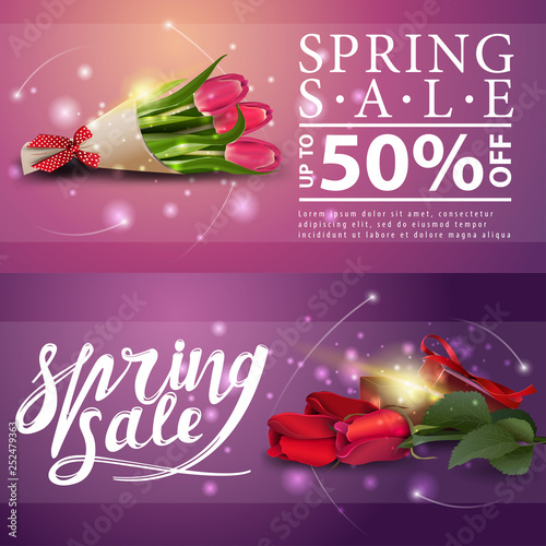 Spring sales banners with bouquet of tulips and roses with gift
