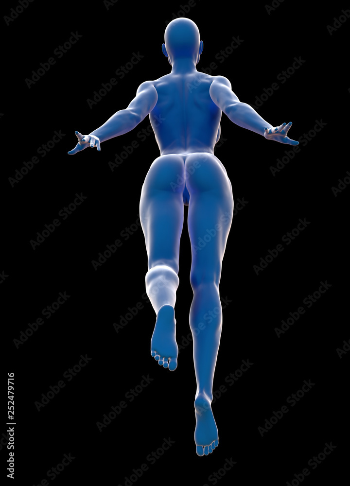 Slim attractive sportswoman flying against a black background. 3d illustration