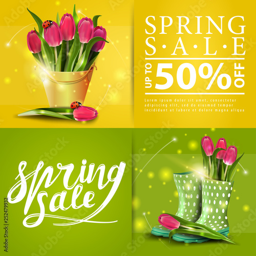 Spring sales banners with bouquet of tulips in a yellow bucket and tulips in women's rubber boots