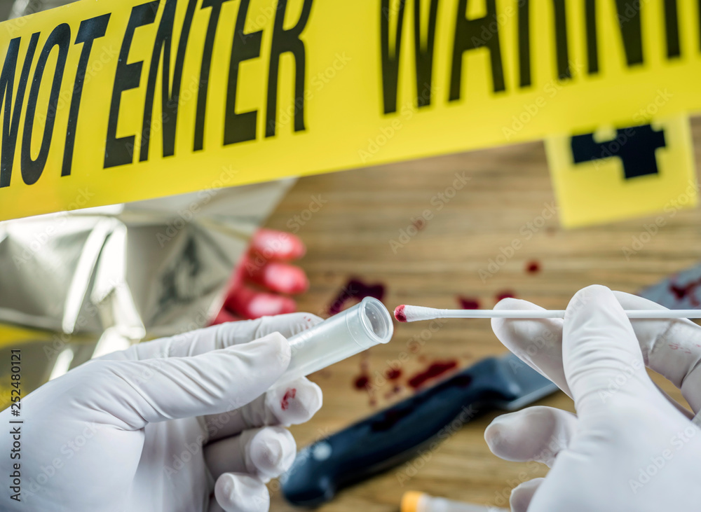 Crime scene for cutting weapon, Judicial police takes blood samples in ...