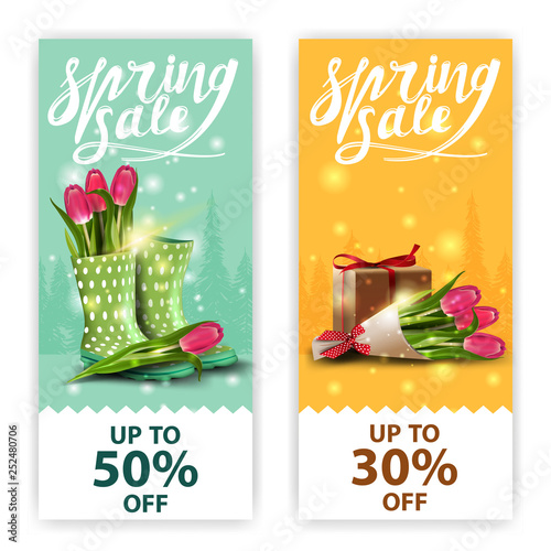 Spring sales banners with tulips in women's rubber boots and bouquet of tulips