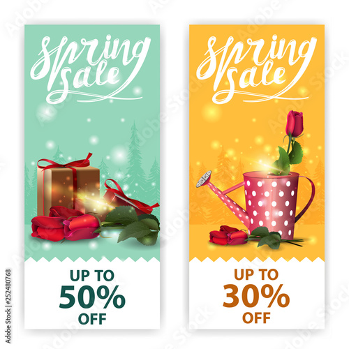 Spring sales banners with rose in the watering can, roses with gift