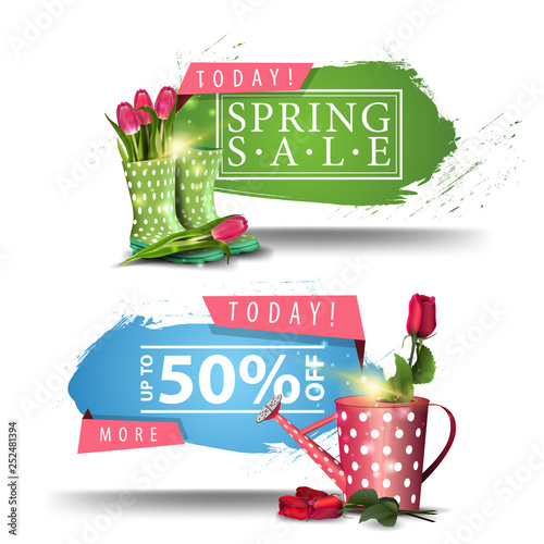 Spring sales banners with buttons, rose in the watering can and tulips in women's rubber boots
