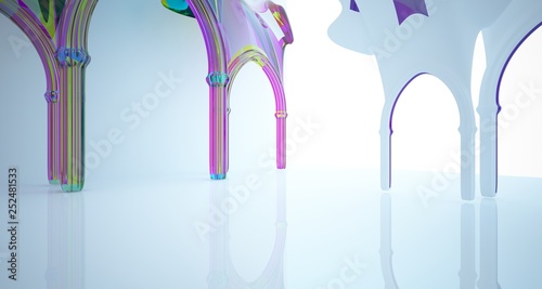 Abstract white and colored gradient smooth glasses gothic interior. 3D illustration and rendering.