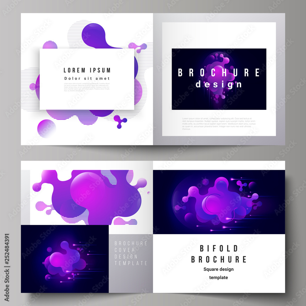 The black colored vector layout of two covers templates for square design bifold brochure, magazine, flyer, booklet. Black background with fluid gradient, liquid blue colored geometric element.
