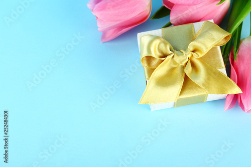 Fresh flower composition, bouquet of bi color pink tulips, isolated baby blue color background. International Women's day, mother's day greeting concept. Copy space, close up, top view, flat lay.
