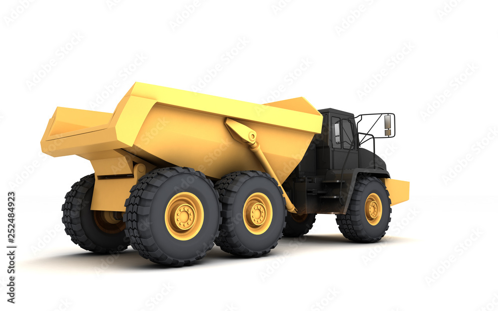 Yellow powerful articulated dumper truck isolated on white background. Rear side view. Perspective. Low angle. Right side.